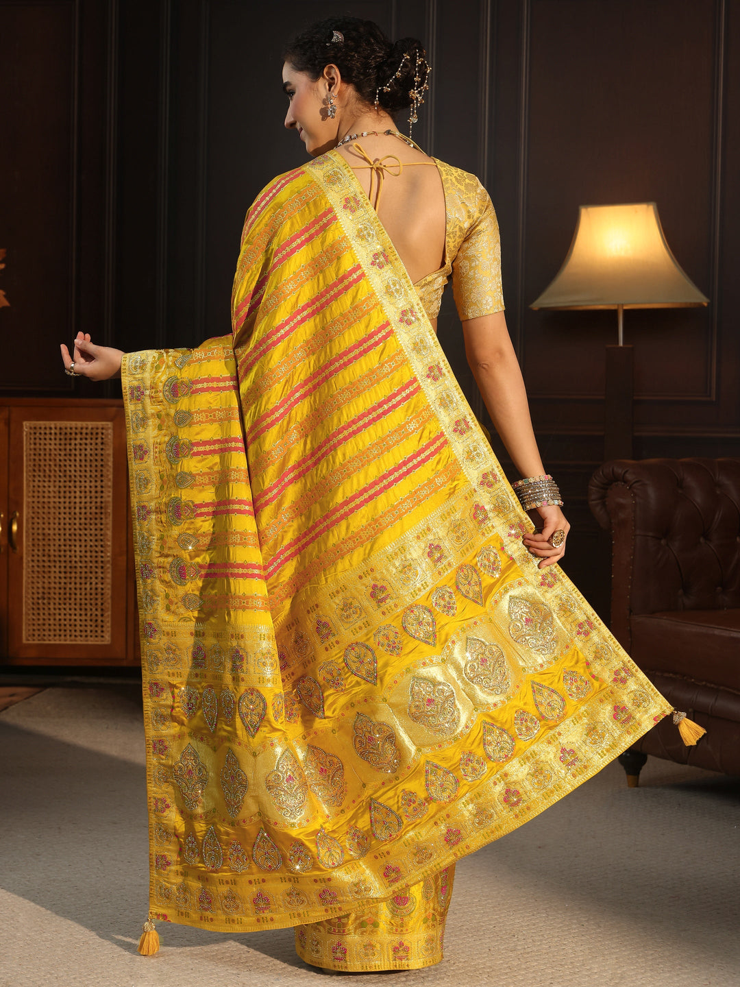 Libas Art Mustard Striped Woven Design Satin Saree with Stone Work