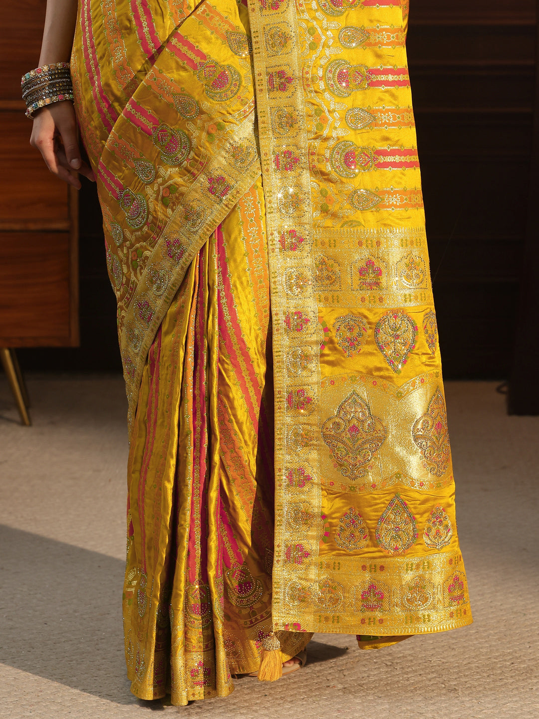 Libas Art Mustard Striped Woven Design Satin Saree with Stone Work