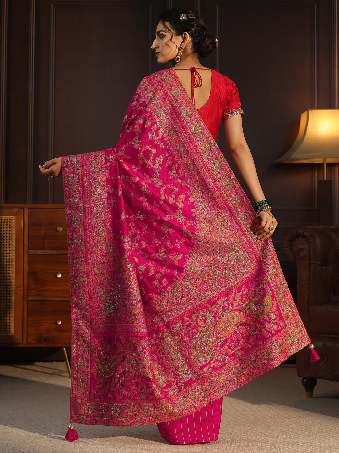 Libas Art Rani Pink Floral Design Embellished Silk Blend Saree
