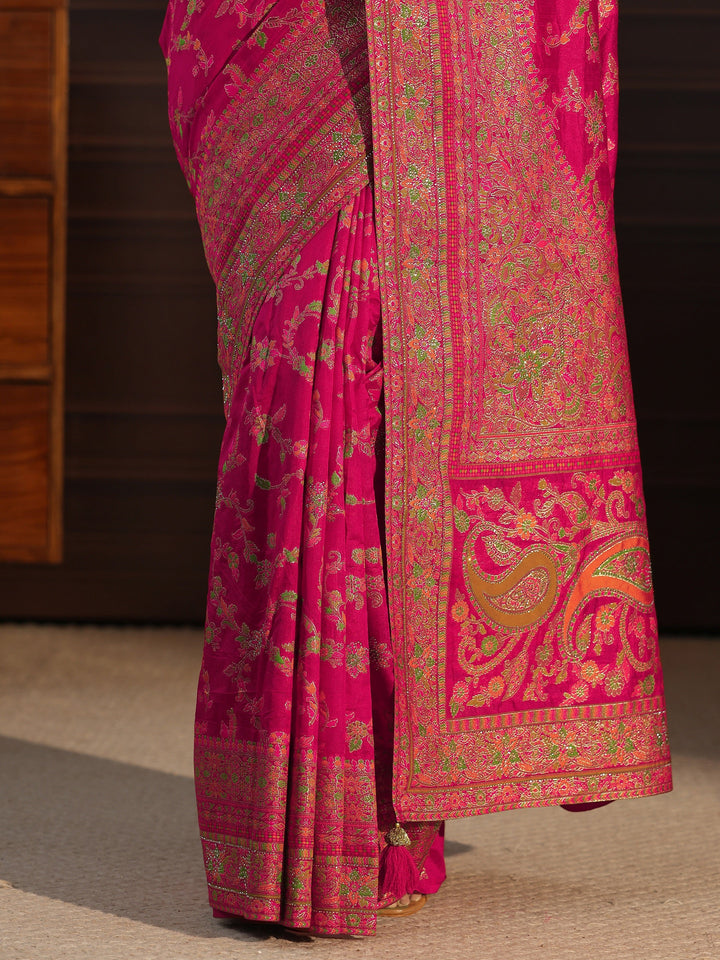 Libas Art Rani Pink Floral Design Embellished Silk Blend Saree