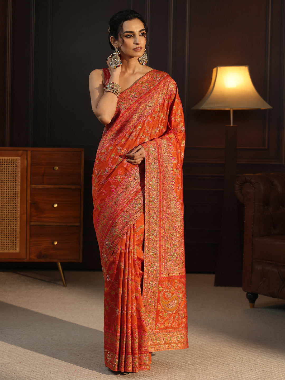 Libas Art Orange Floral Design Embellished Silk Blend Saree