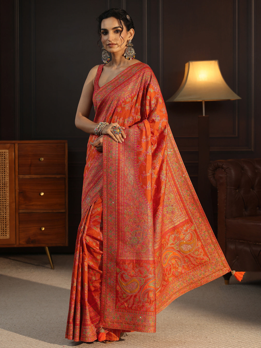 Libas Art Orange Floral Design Embellished Silk Blend Saree