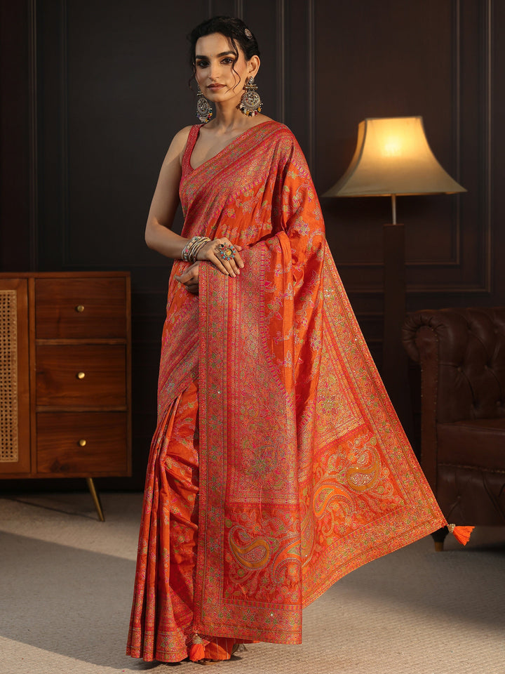 Libas Art Orange Floral Design Embellished Silk Blend Saree