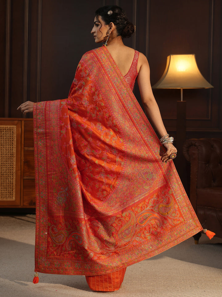 Libas Art Orange Floral Design Embellished Silk Blend Saree