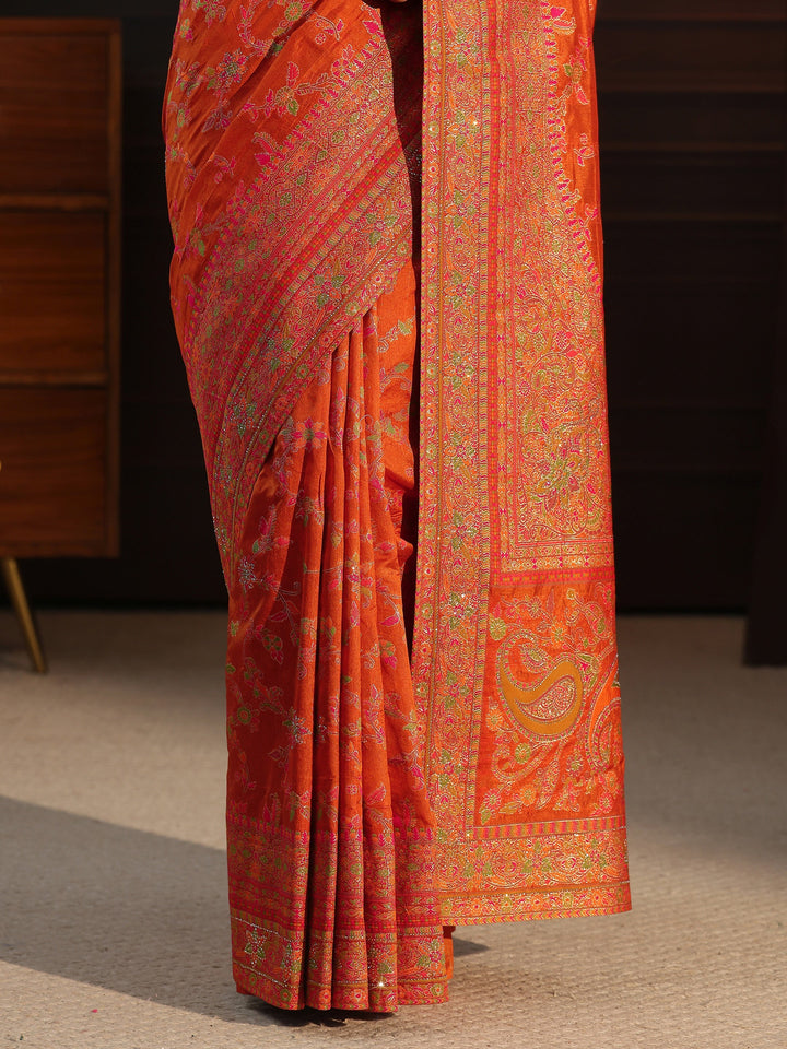 Libas Art Orange Floral Design Embellished Silk Blend Saree