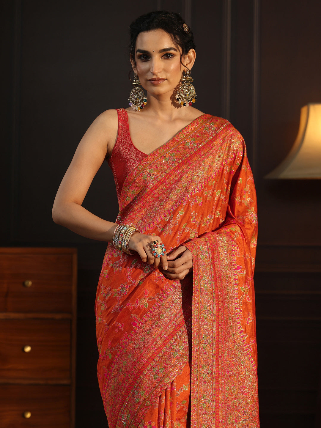 Libas Art Orange Floral Design Embellished Silk Blend Saree
