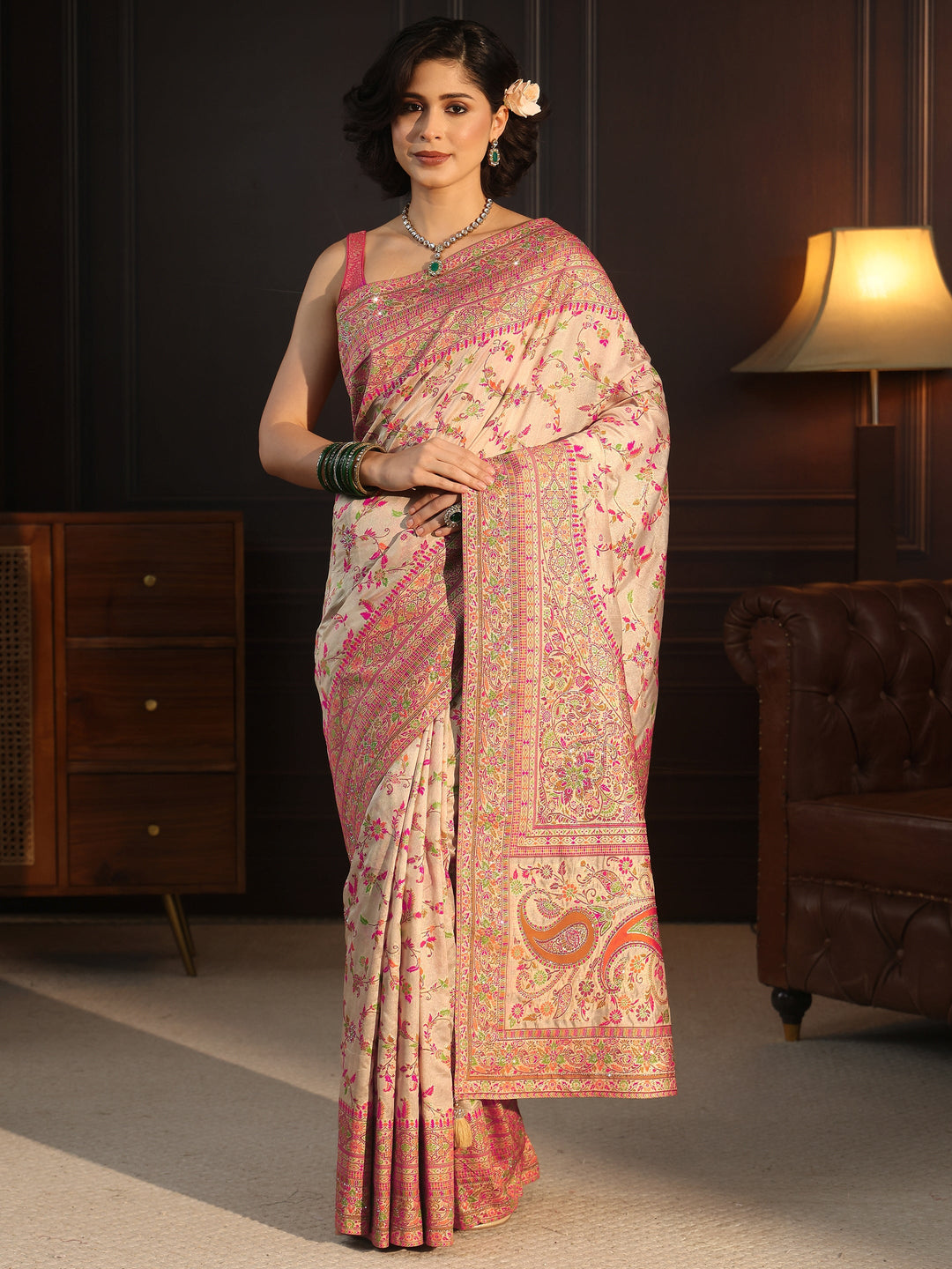 Libas Art Cream Floral Design Embellished Silk Blend Saree