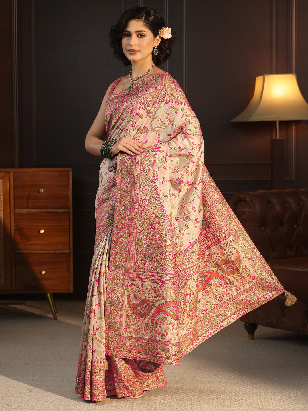Libas Art Cream Floral Design Embellished Silk Blend Saree