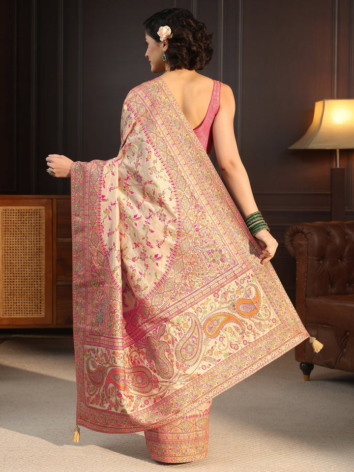 Libas Art Cream Floral Design Embellished Silk Blend Saree
