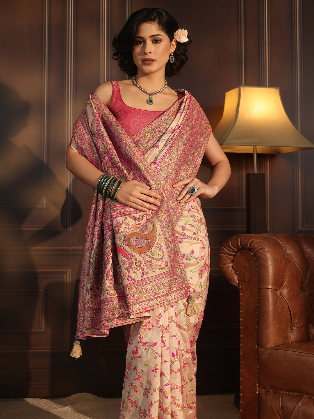 Libas Art Cream Floral Design Embellished Silk Blend Saree