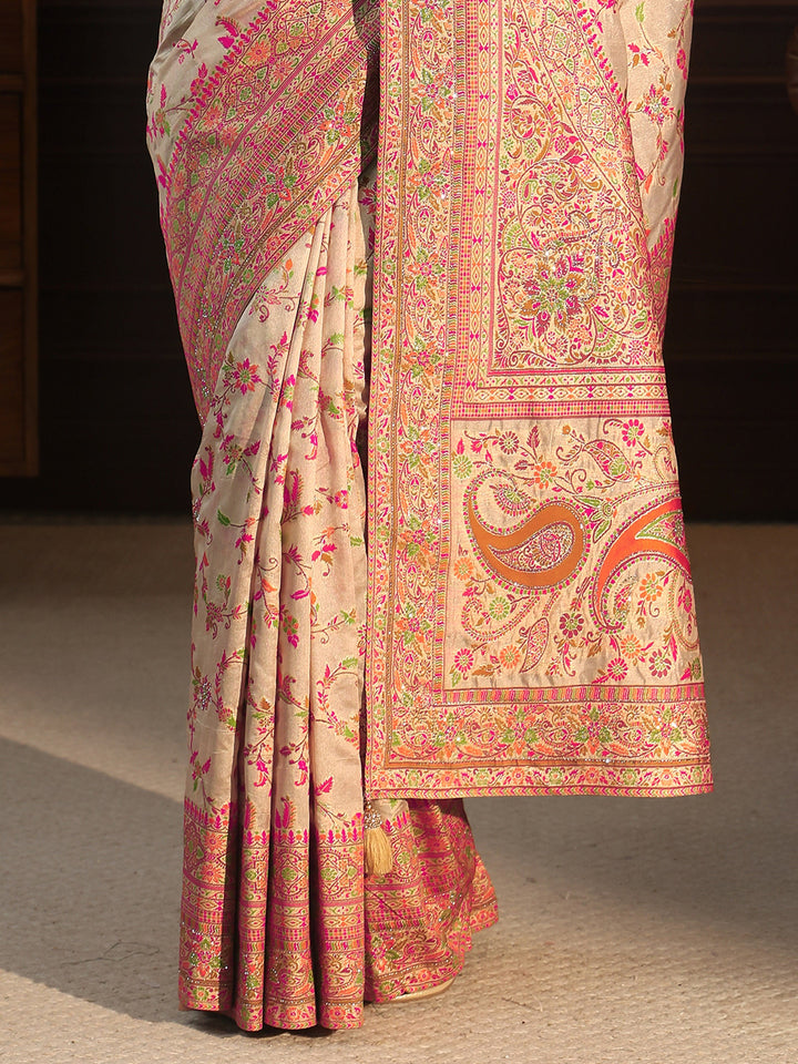 Libas Art Cream Floral Design Embellished Silk Blend Saree
