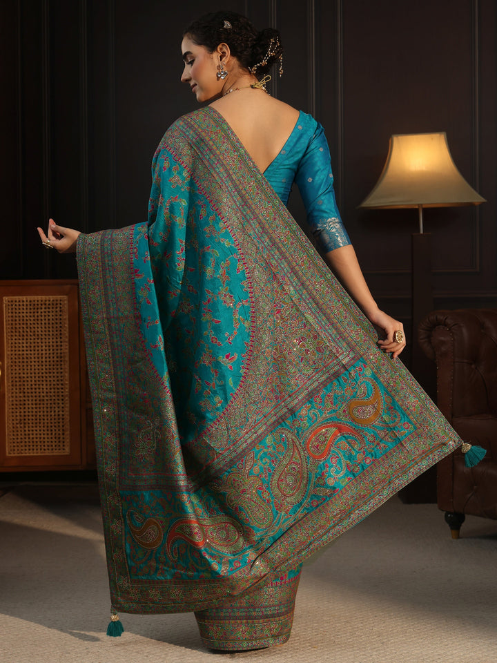 Libas Art Blue Floral Design Embellished Silk Blend Saree