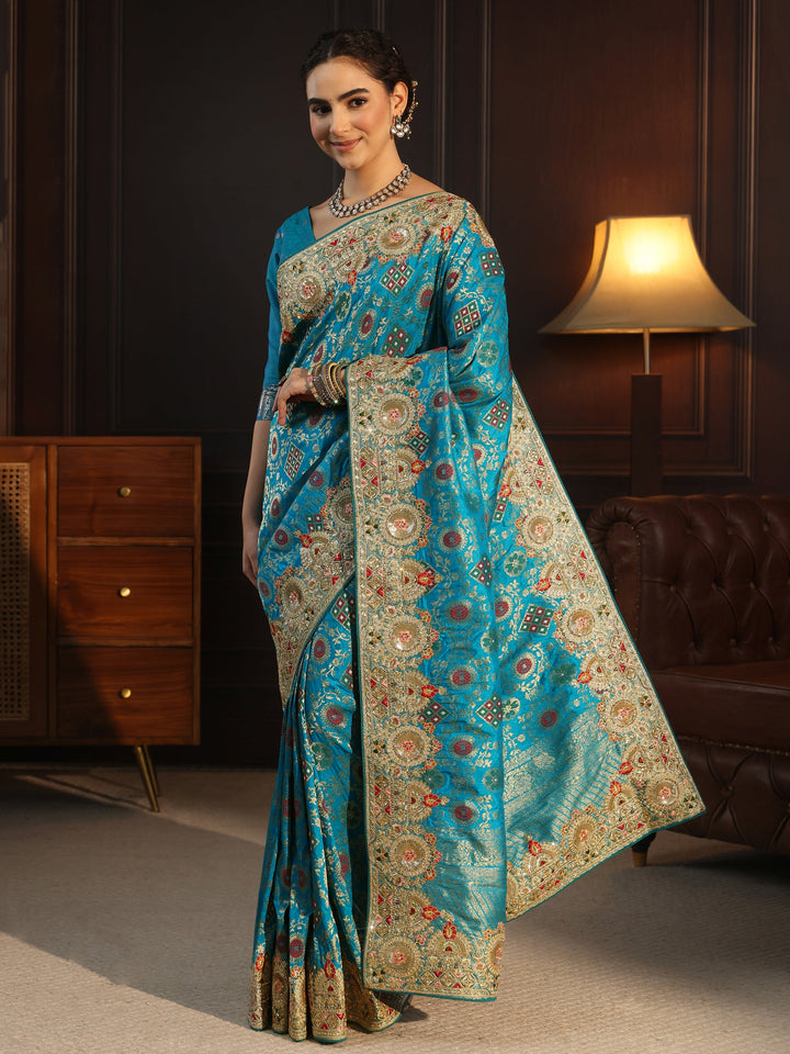 Libas Art Turquoise Woven Design Silk Blend Saree with Embellished Border