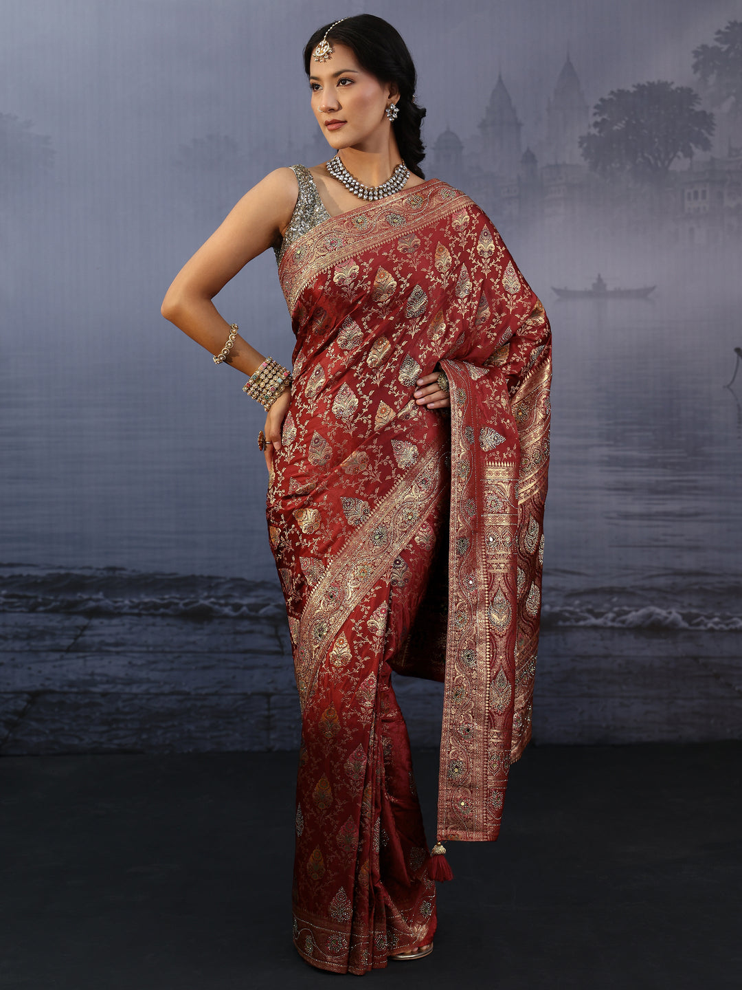Libas Art Maroon Ethnic Woven Design Stone Work Satin Saree