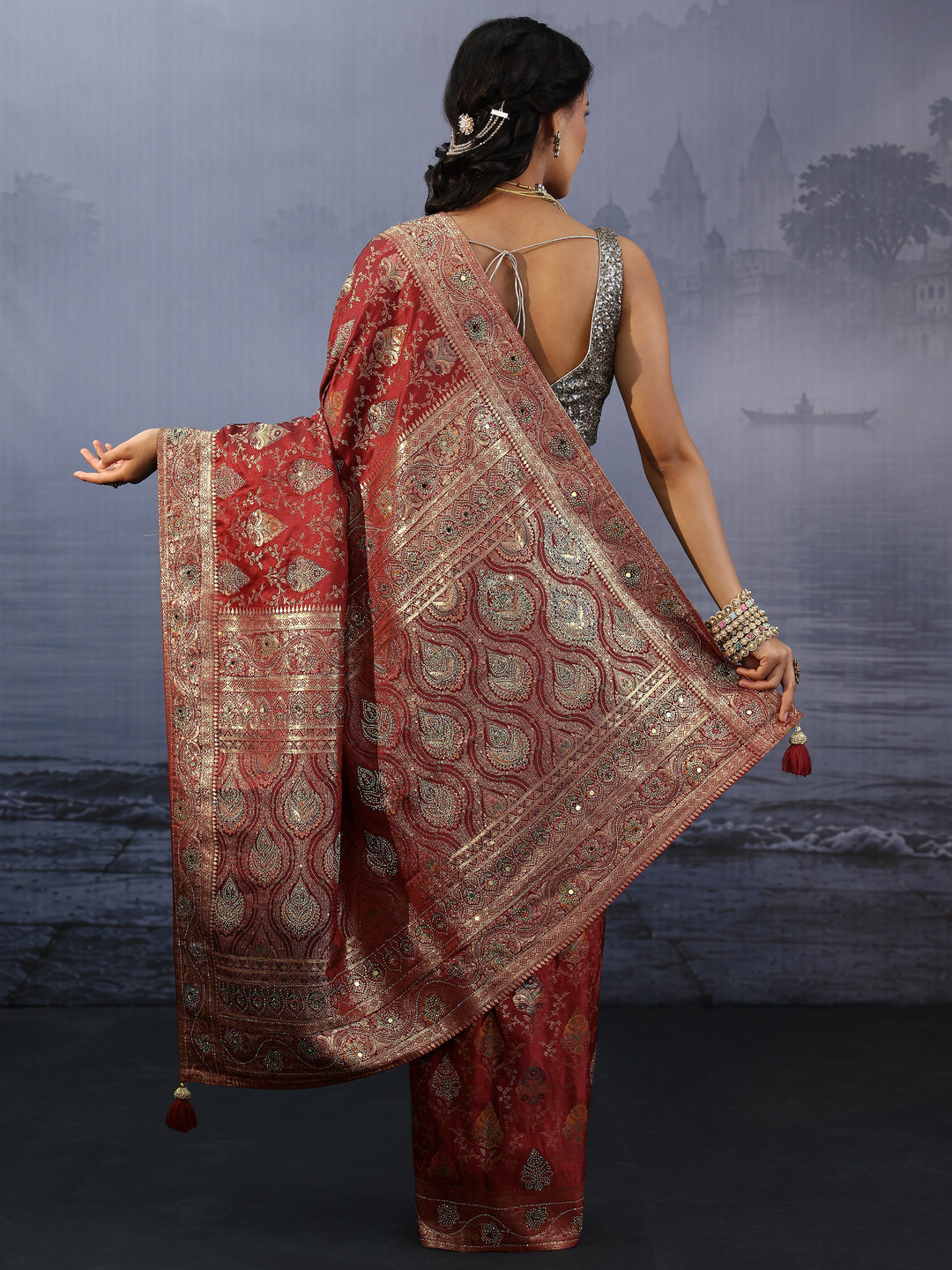 Libas Art Maroon Ethnic Woven Design Stone Work Satin Saree