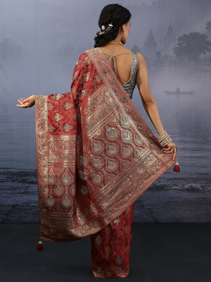 Libas Art Maroon Ethnic Woven Design Stone Work Satin Saree
