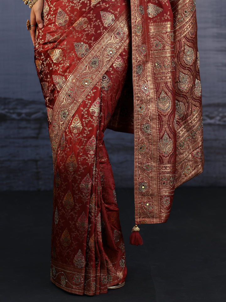 Libas Art Maroon Ethnic Woven Design Stone Work Satin Saree