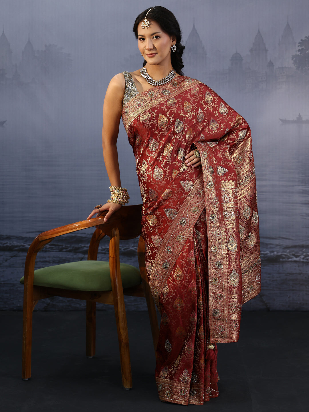 Libas Art Maroon Ethnic Woven Design Stone Work Satin Saree