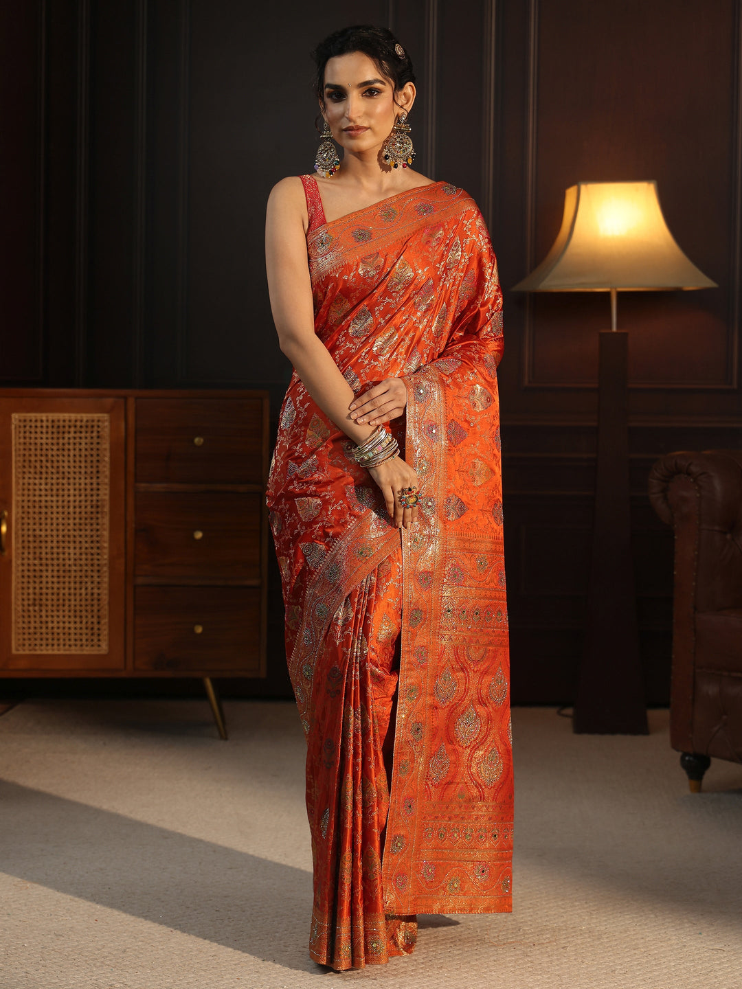 Libas Art Orange Woven Design Satin Saree with Stone Work