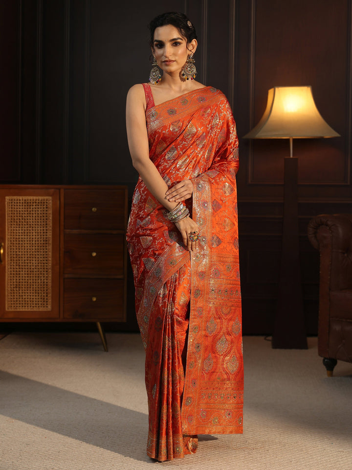 Libas Art Orange Woven Design Satin Saree with Stone Work
