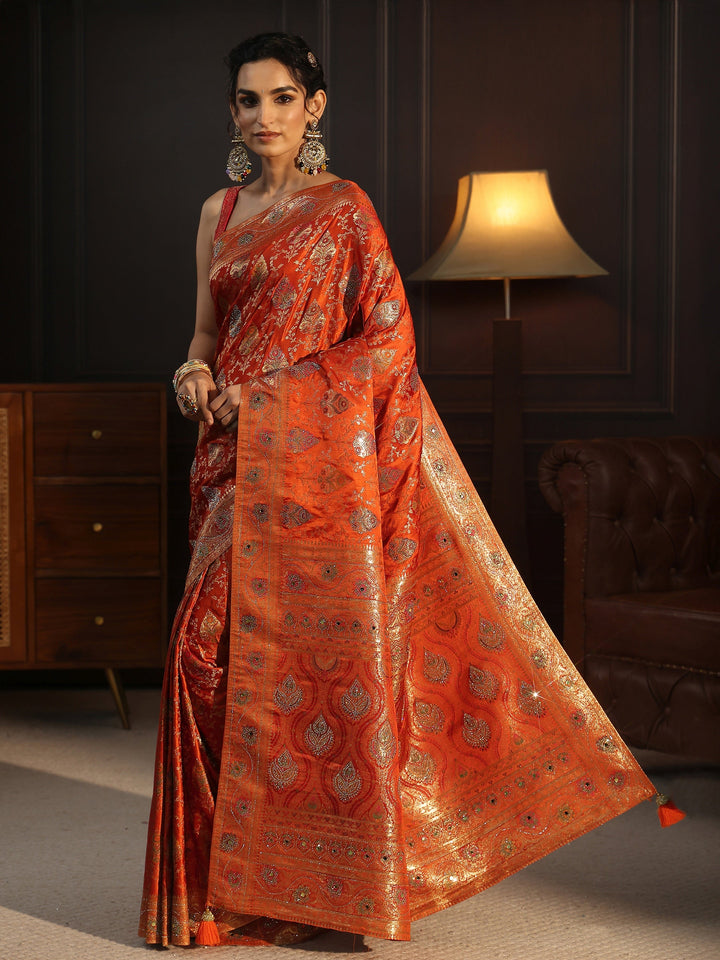 Libas Art Orange Woven Design Satin Saree with Stone Work