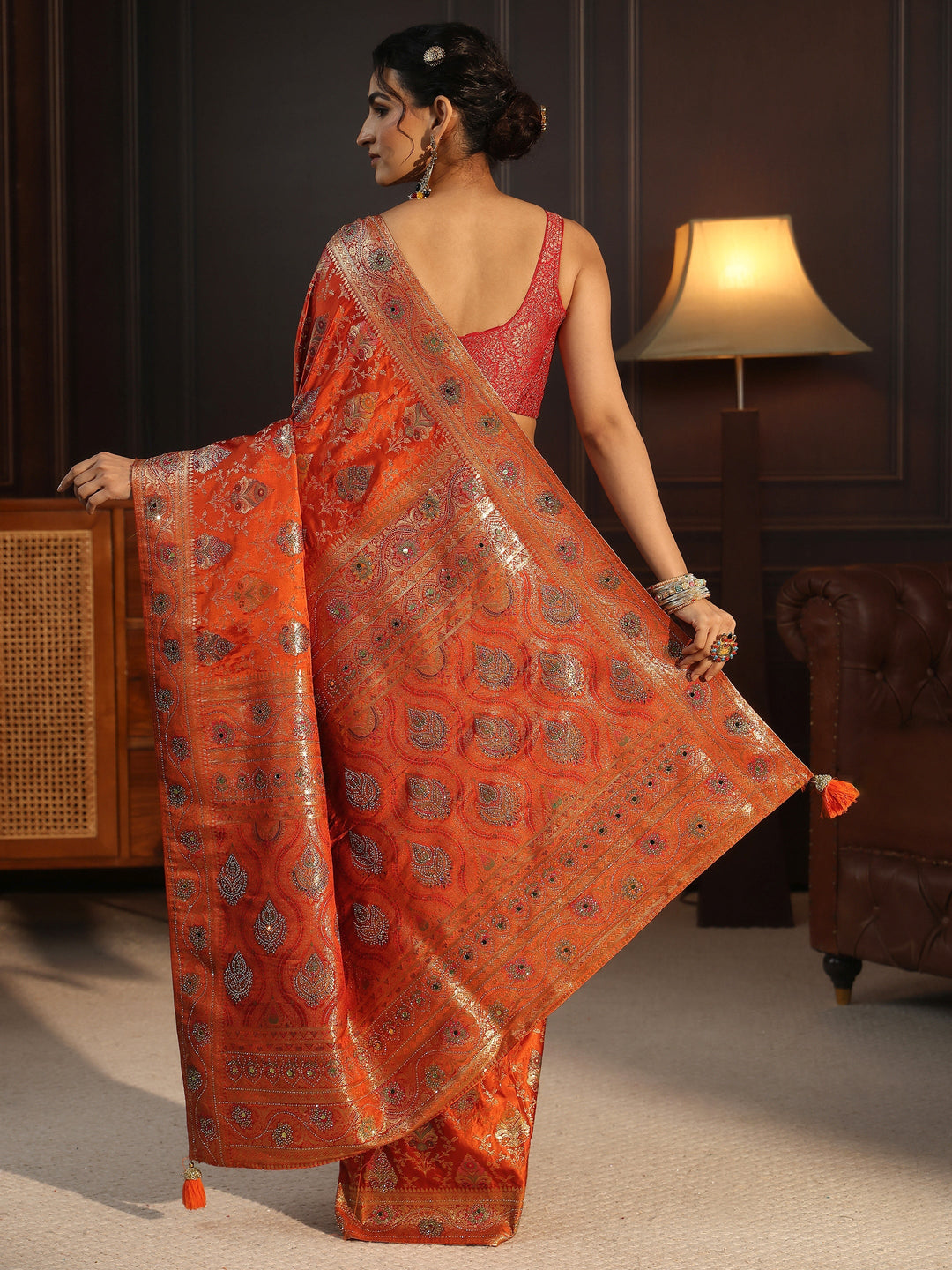 Libas Art Orange Woven Design Satin Saree with Stone Work