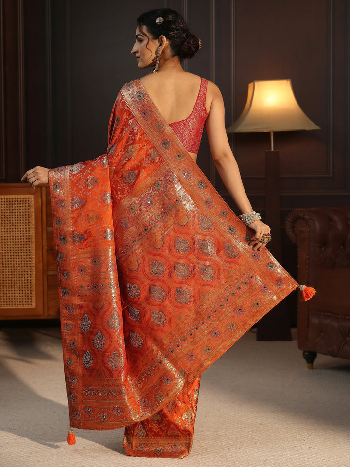 Libas Art Orange Woven Design Satin Saree with Stone Work