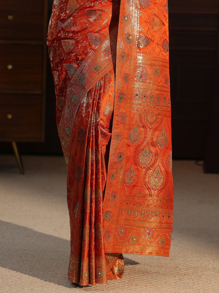 Libas Art Orange Woven Design Satin Saree with Stone Work