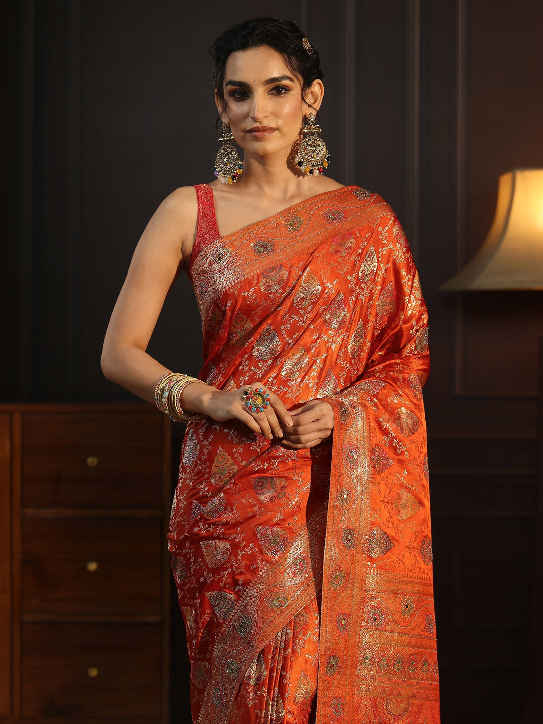 Libas Art Orange Woven Design Satin Saree with Stone Work