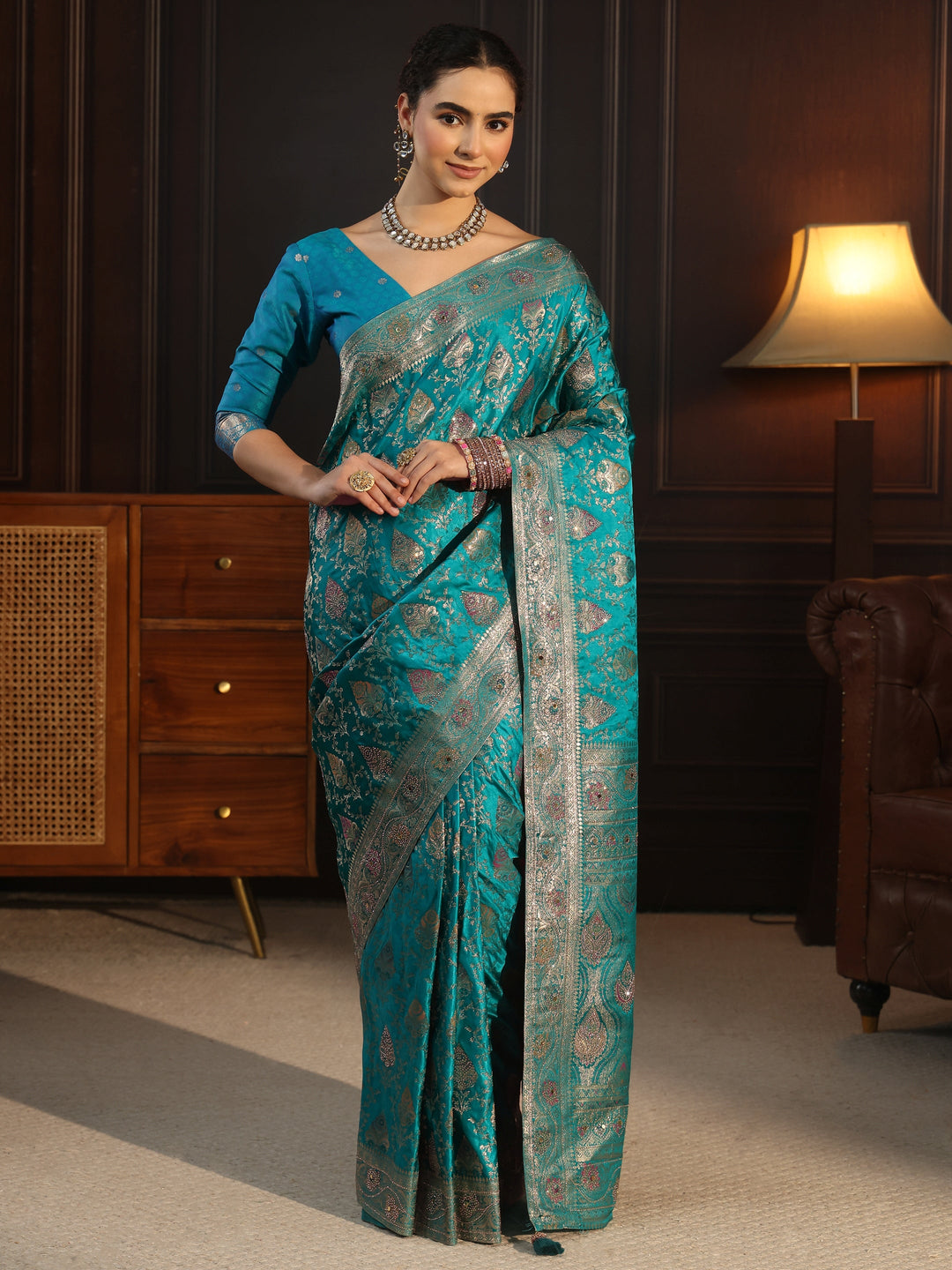 Libas Art Blue Woven Design Satin Saree with Stone Work
