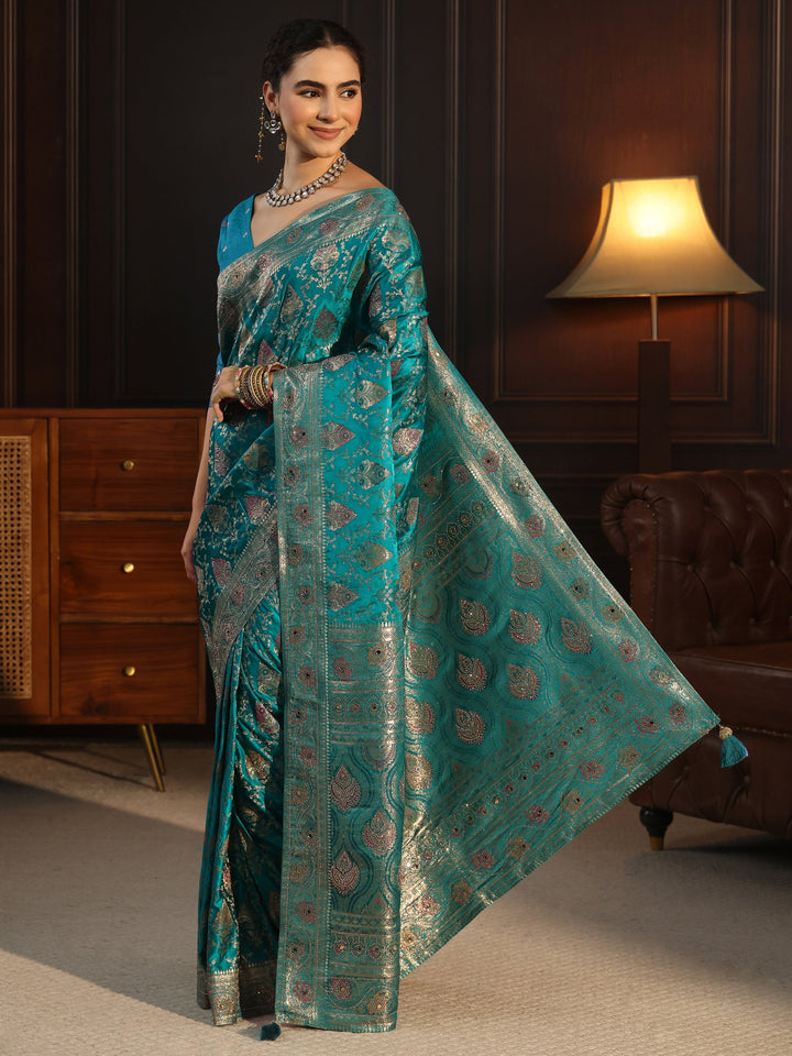 Libas Art Blue Woven Design Satin Saree with Stone Work