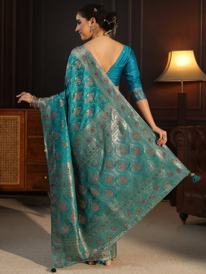 Libas Art Blue Woven Design Satin Saree with Stone Work