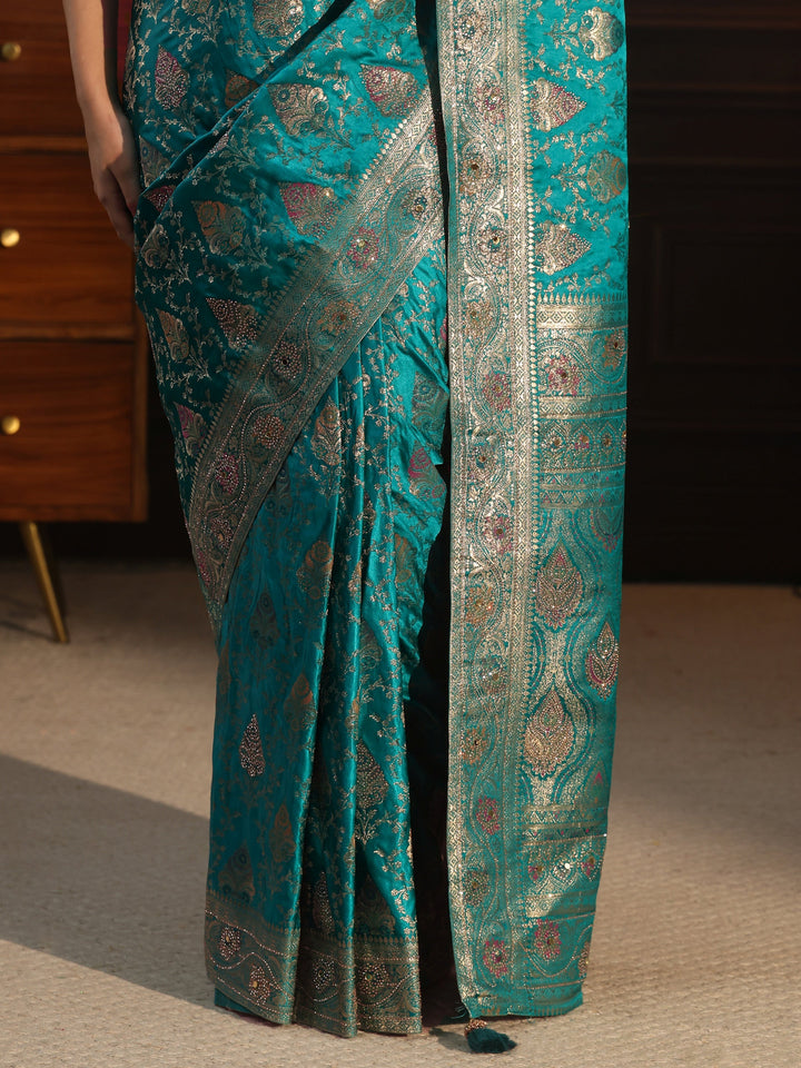 Libas Art Blue Woven Design Satin Saree with Stone Work