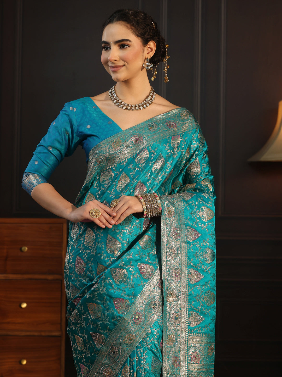 Libas Art Blue Woven Design Satin Saree with Stone Work