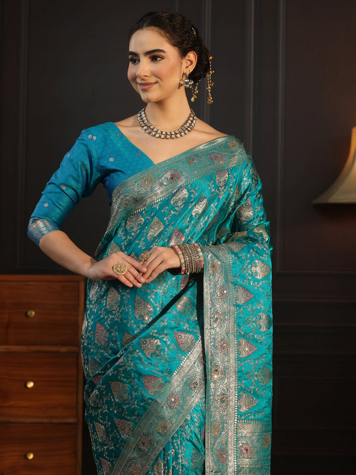 Libas Art Blue Woven Design Satin Saree with Stone Work
