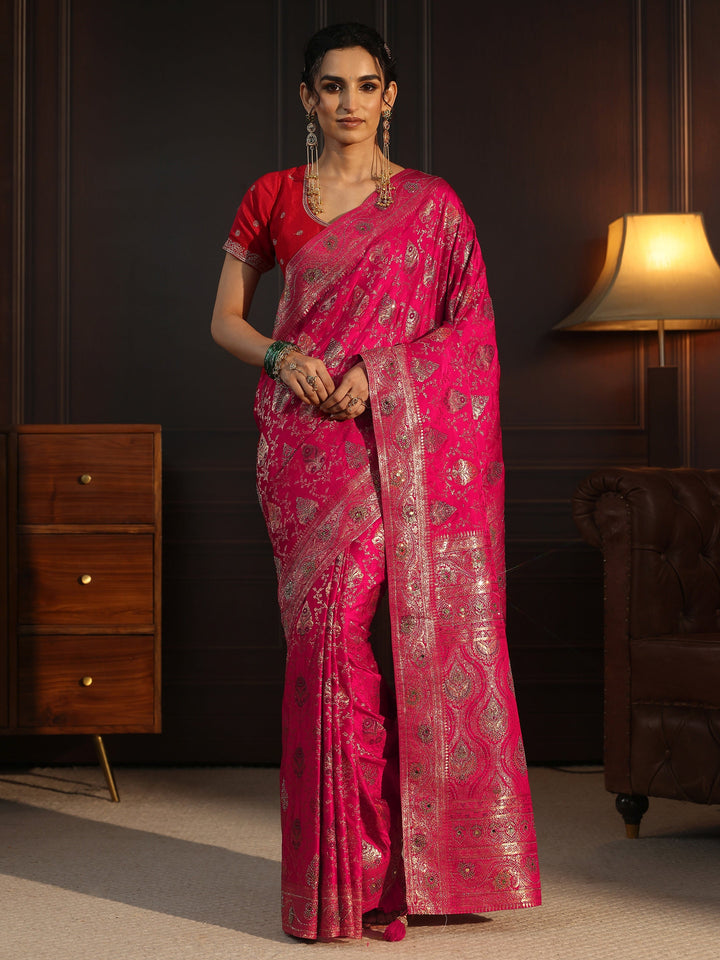 Libas Art Pink Woven Design Satin Saree with Stone Work