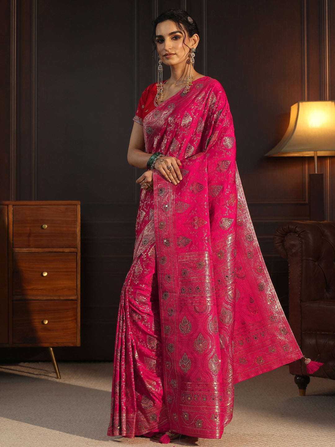 Libas Art Pink Woven Design Satin Saree with Stone Work
