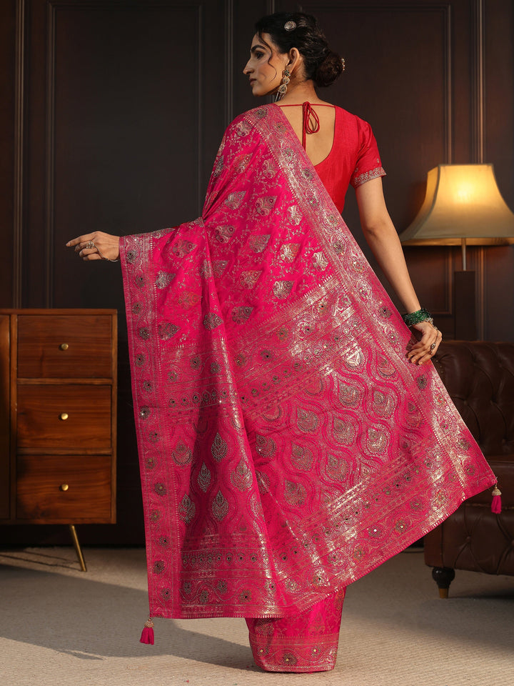 Libas Art Pink Woven Design Satin Saree with Stone Work