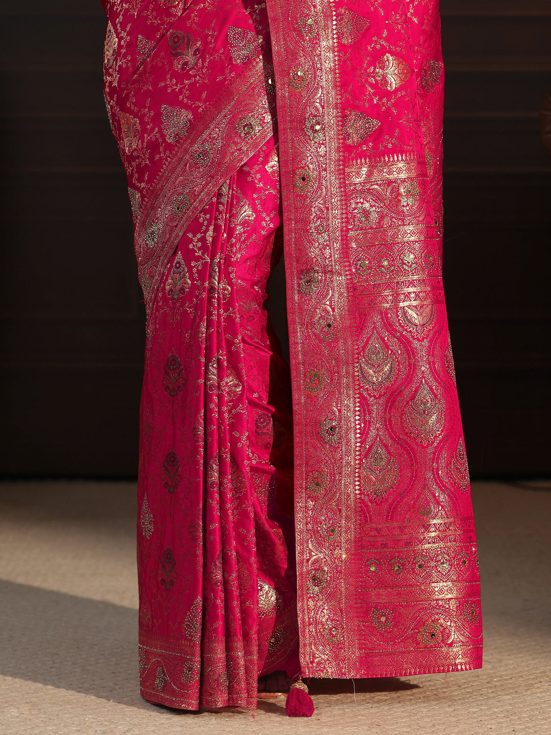 Libas Art Pink Woven Design Satin Saree with Stone Work