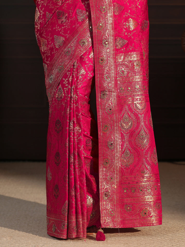 Libas Art Pink Woven Design Satin Saree with Stone Work