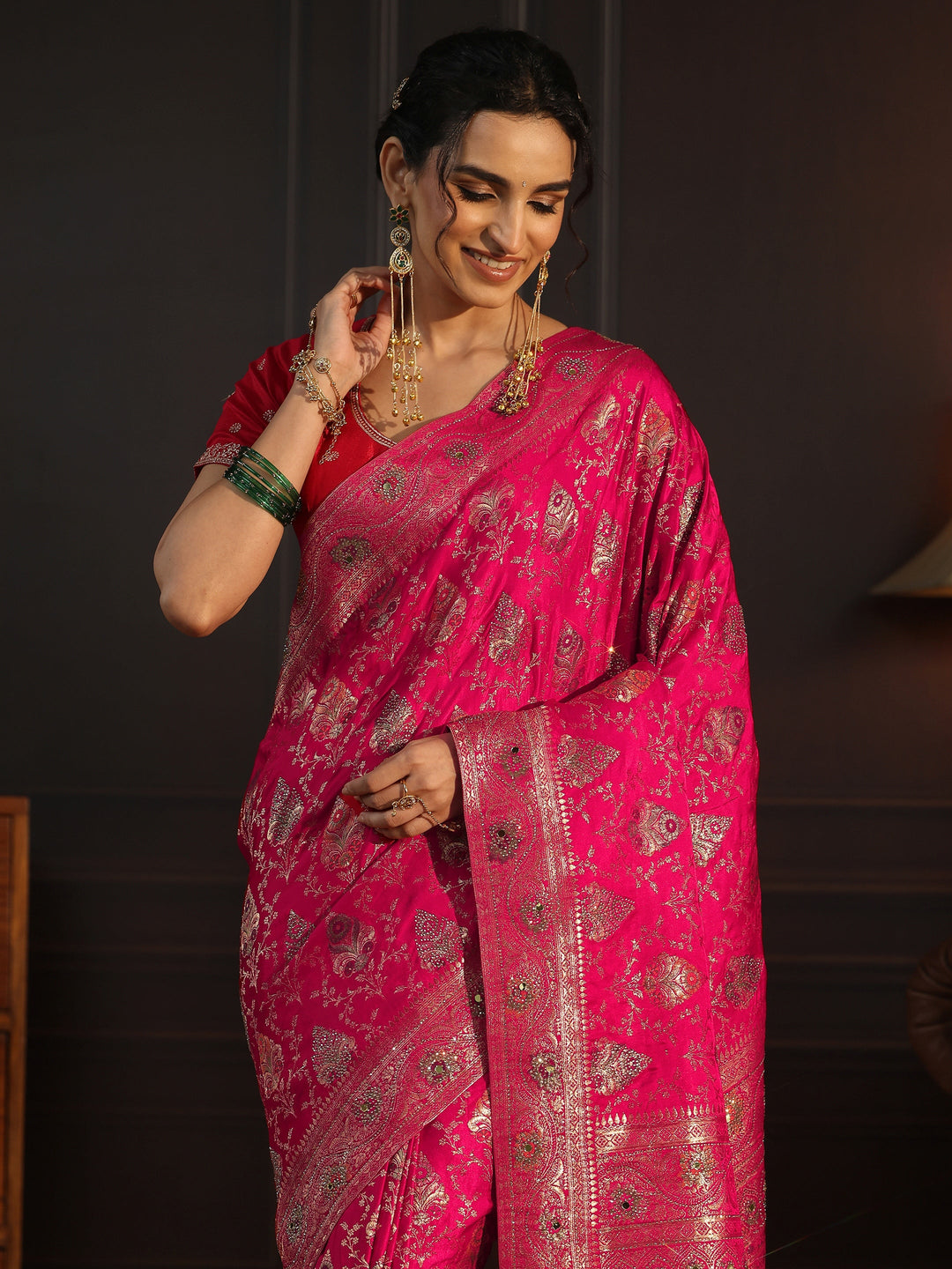 Libas Art Pink Woven Design Satin Saree with Stone Work