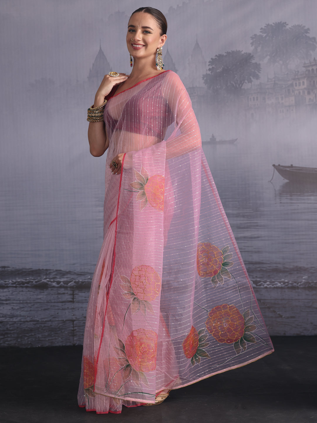 Libas Baby Pink Floral Printed Sequined Silk Blend Saree