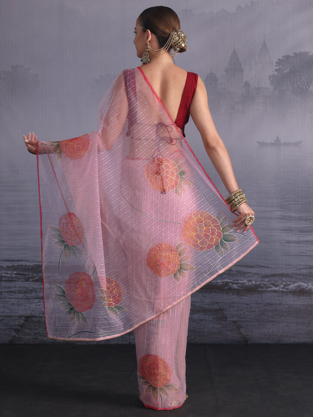 Libas Baby Pink Floral Printed Sequined Silk Blend Saree