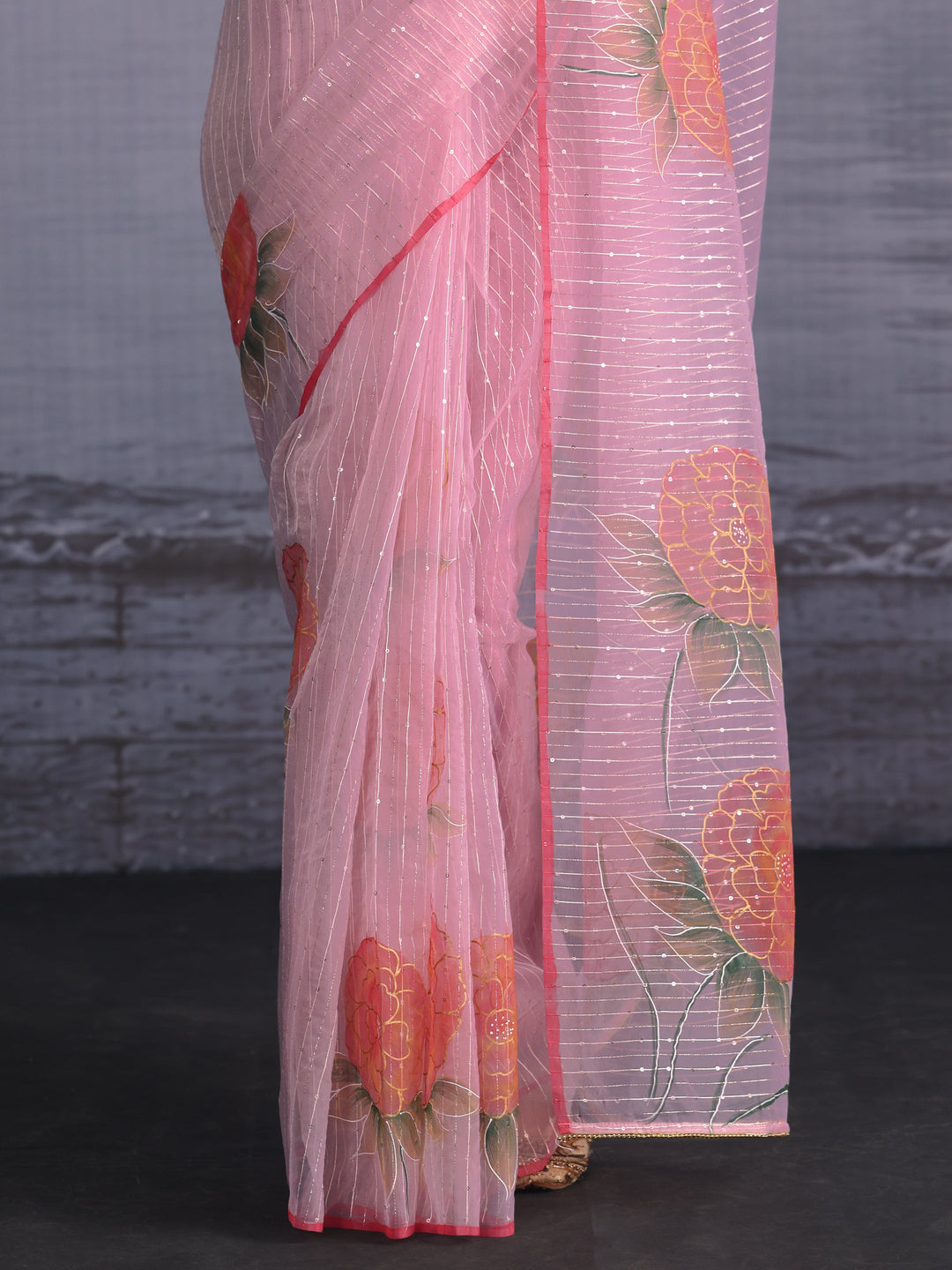 Libas Baby Pink Floral Printed Sequined Silk Blend Saree