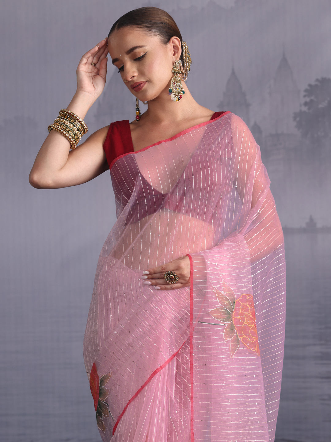 Libas Baby Pink Floral Printed Sequined Silk Blend Saree