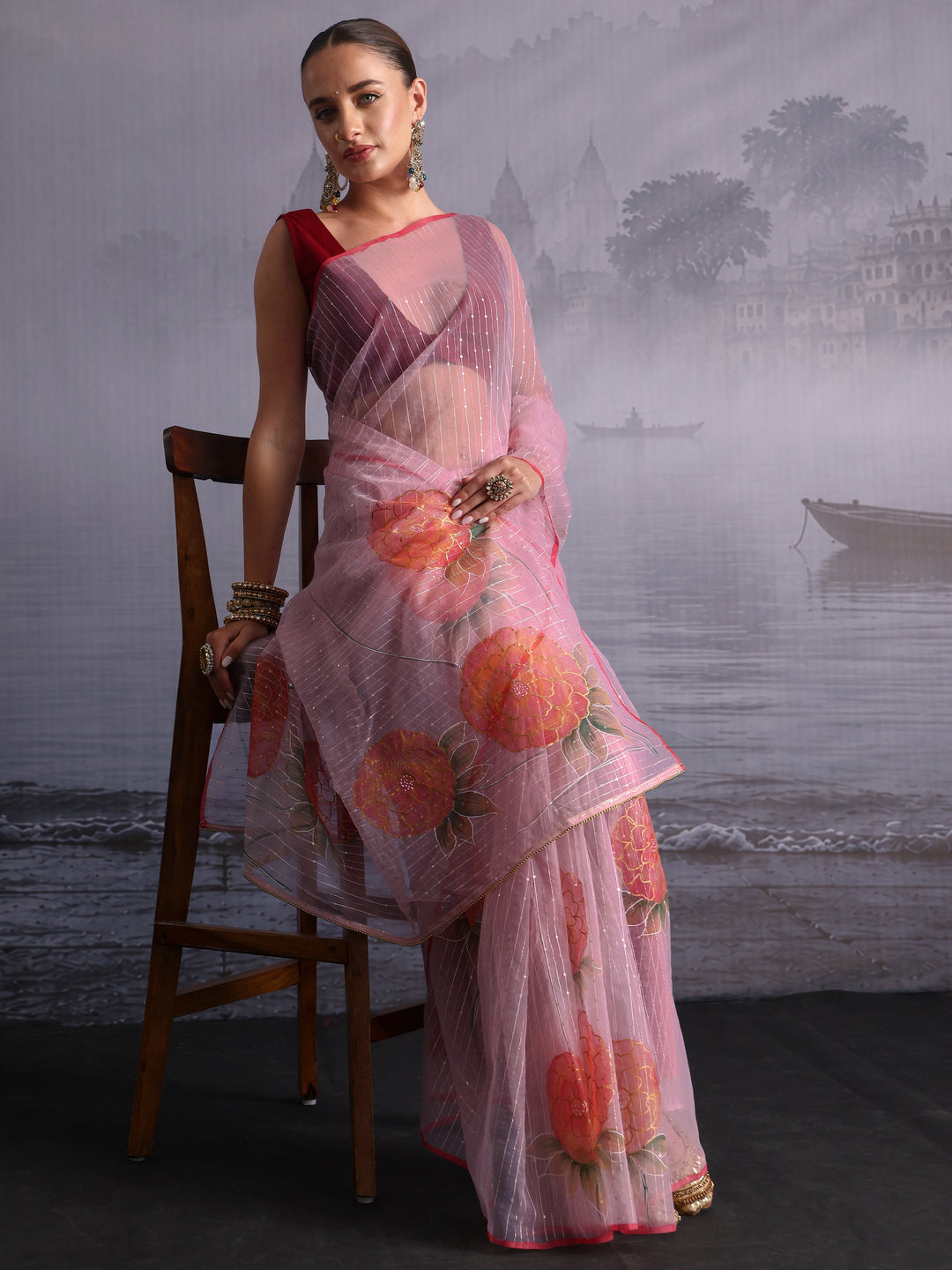 Libas Baby Pink Floral Printed Sequined Silk Blend Saree
