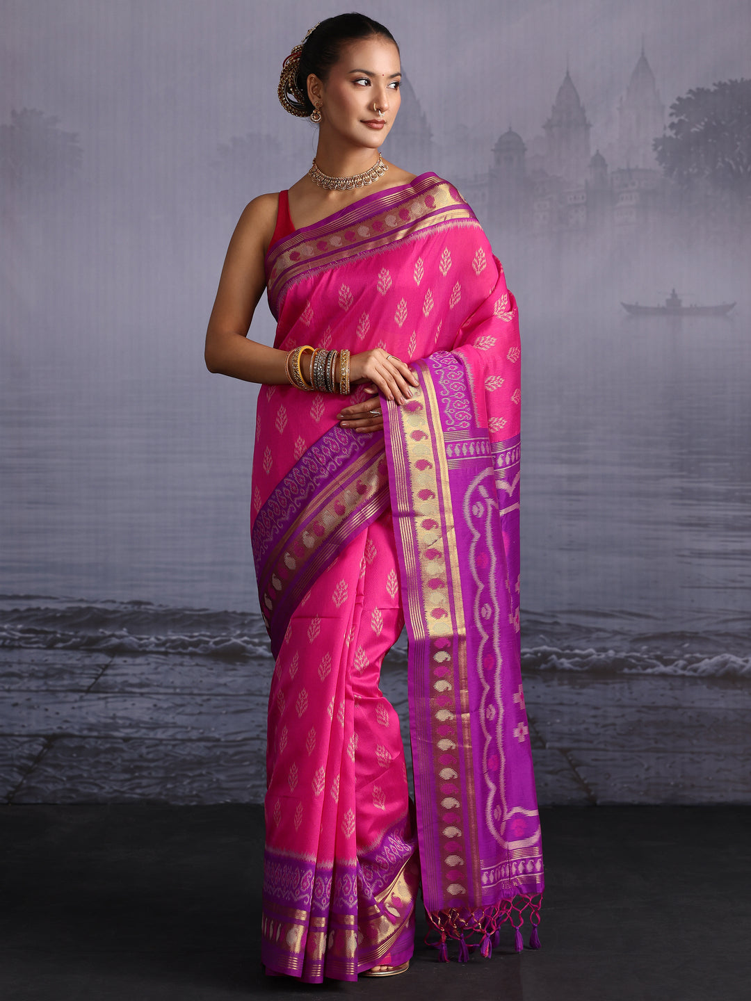 Libas Pink Woven Design Silk Blend Saree