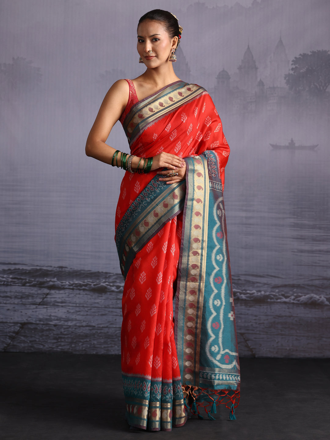 Libas Orange Woven Design Silk Blend Saree