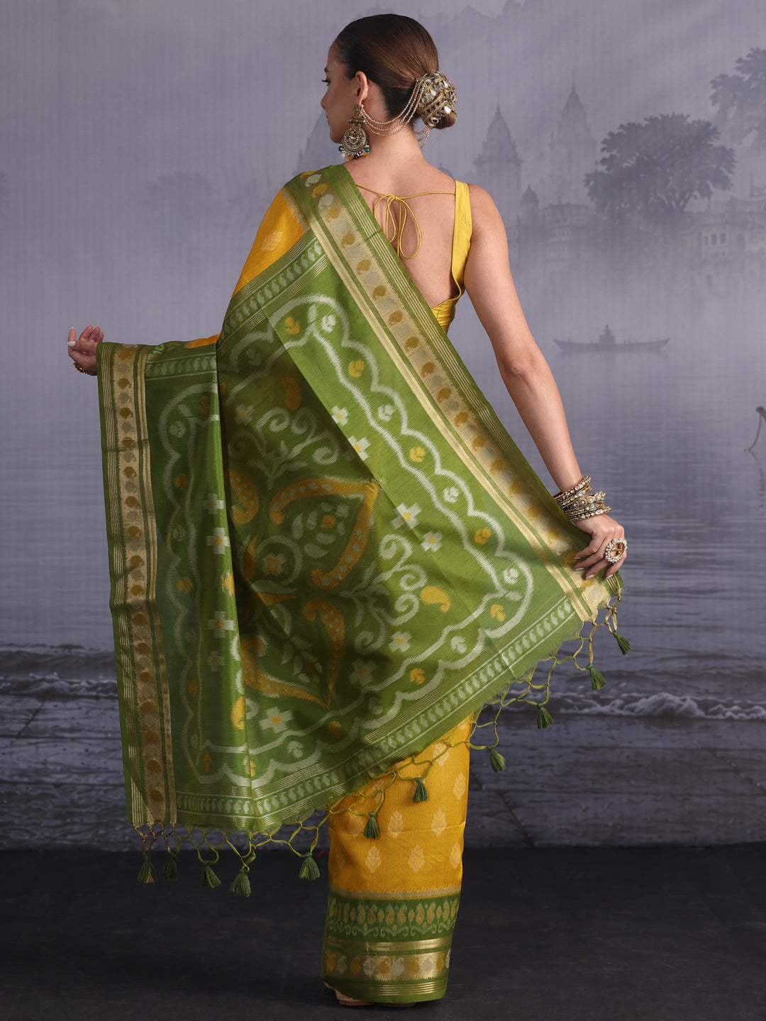 Libas Yellow and Green Woven Design Silk Blend Saree