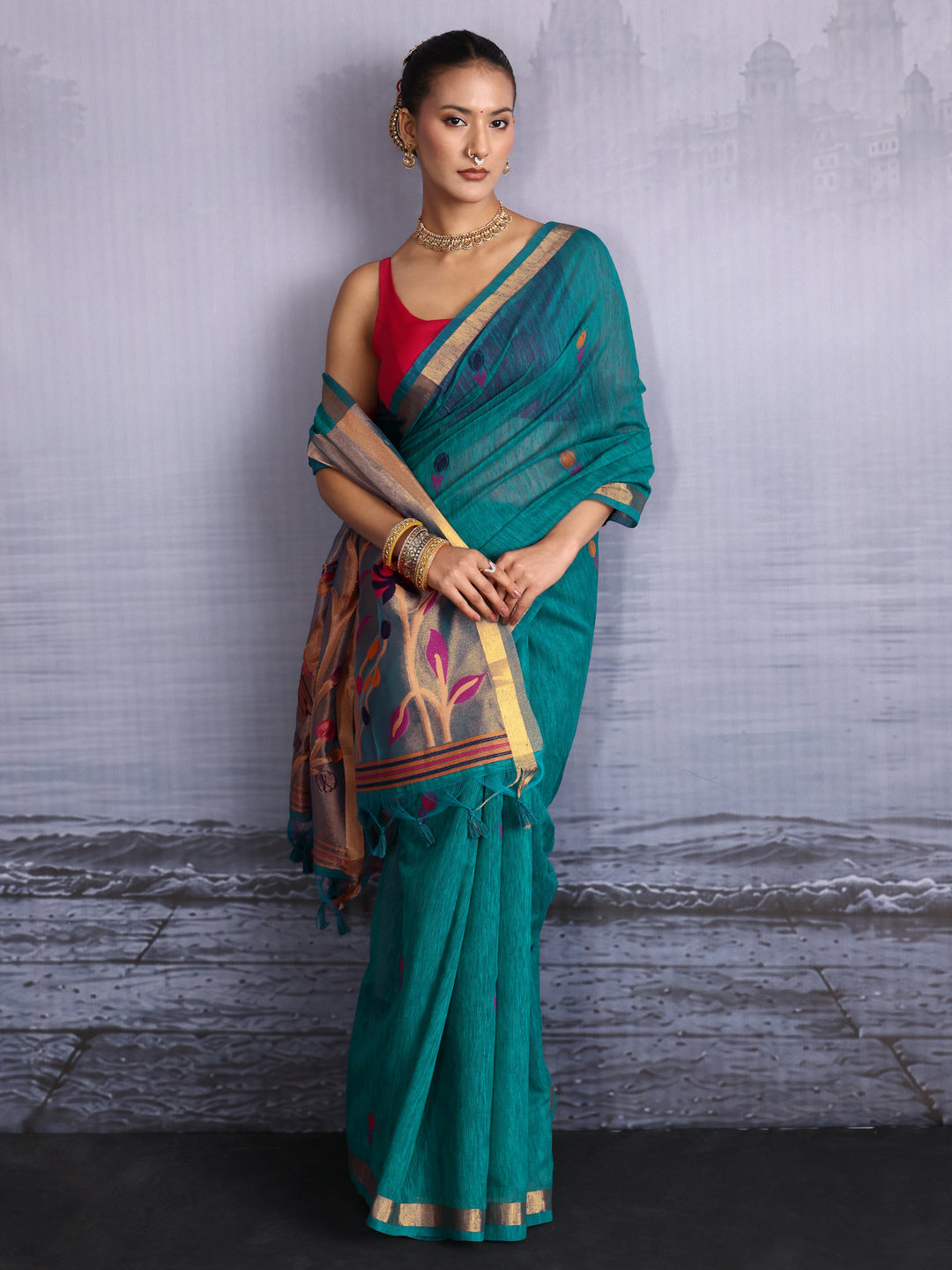 Libas Blue Floral Woven Design Cotton Blend Saree